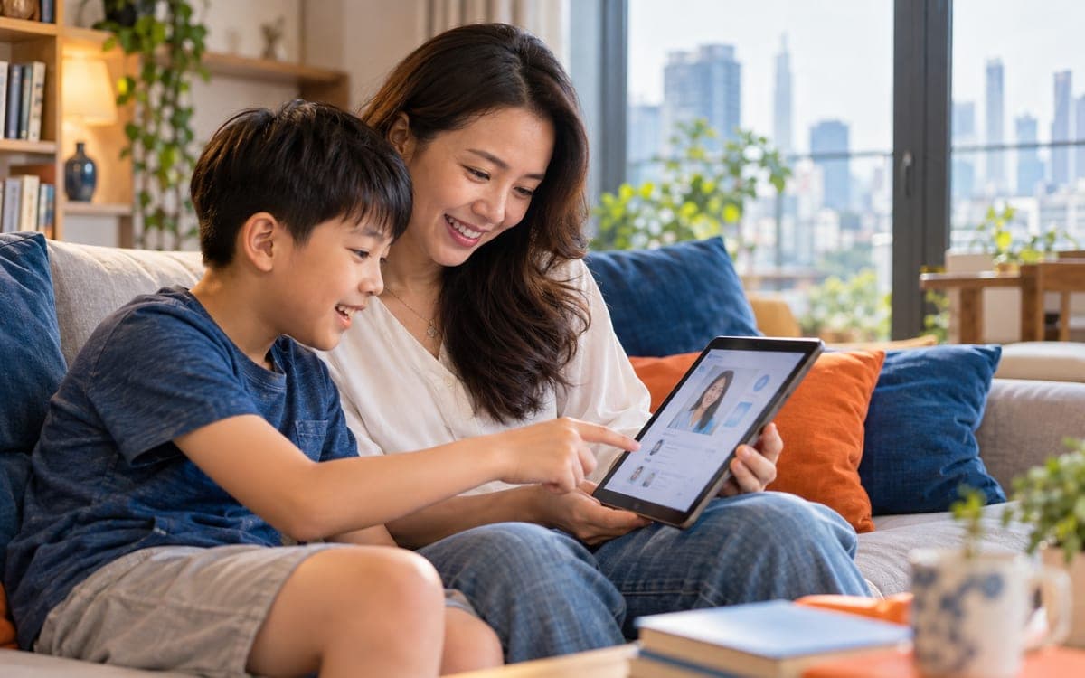 Phụ huynh cùng con xem hồ sơ gia sư trên máy tính bảng